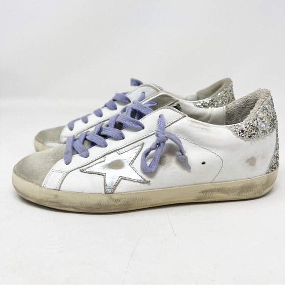 GOLDEN GOOSE SUPER STAR SILVER GLITTER STAR LOW TOP LEATHER SNEAKERS WOMENS SZ 7 - Picture 1 of 7